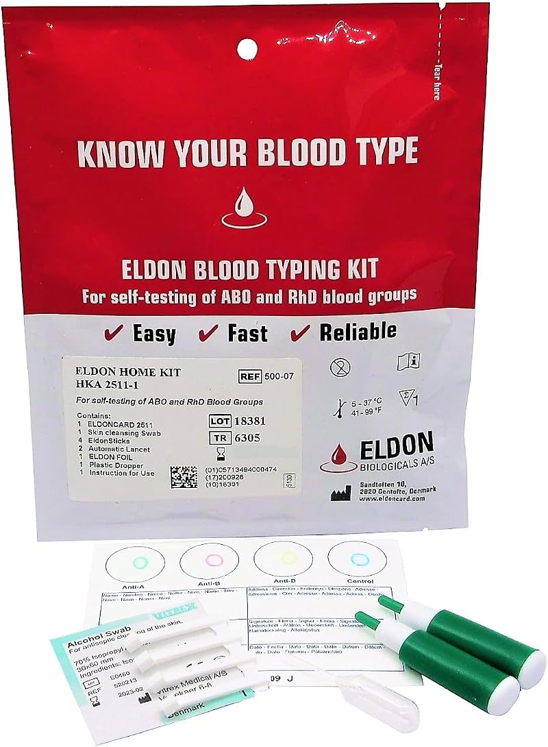 Eldon Card Blood Type Test Kit - A, B, O, AB, RHD - Home Testing