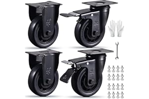 VM VIMA 4 Inch Heavy Duty Fixed Caster Wheels Set of 4 Black Rigid and Swivel Casters with Brake 2200Lbs Load Capacity Silent Elastic Rubber Wheels Industrial Plate Casters for Cart Furniture and Workbench