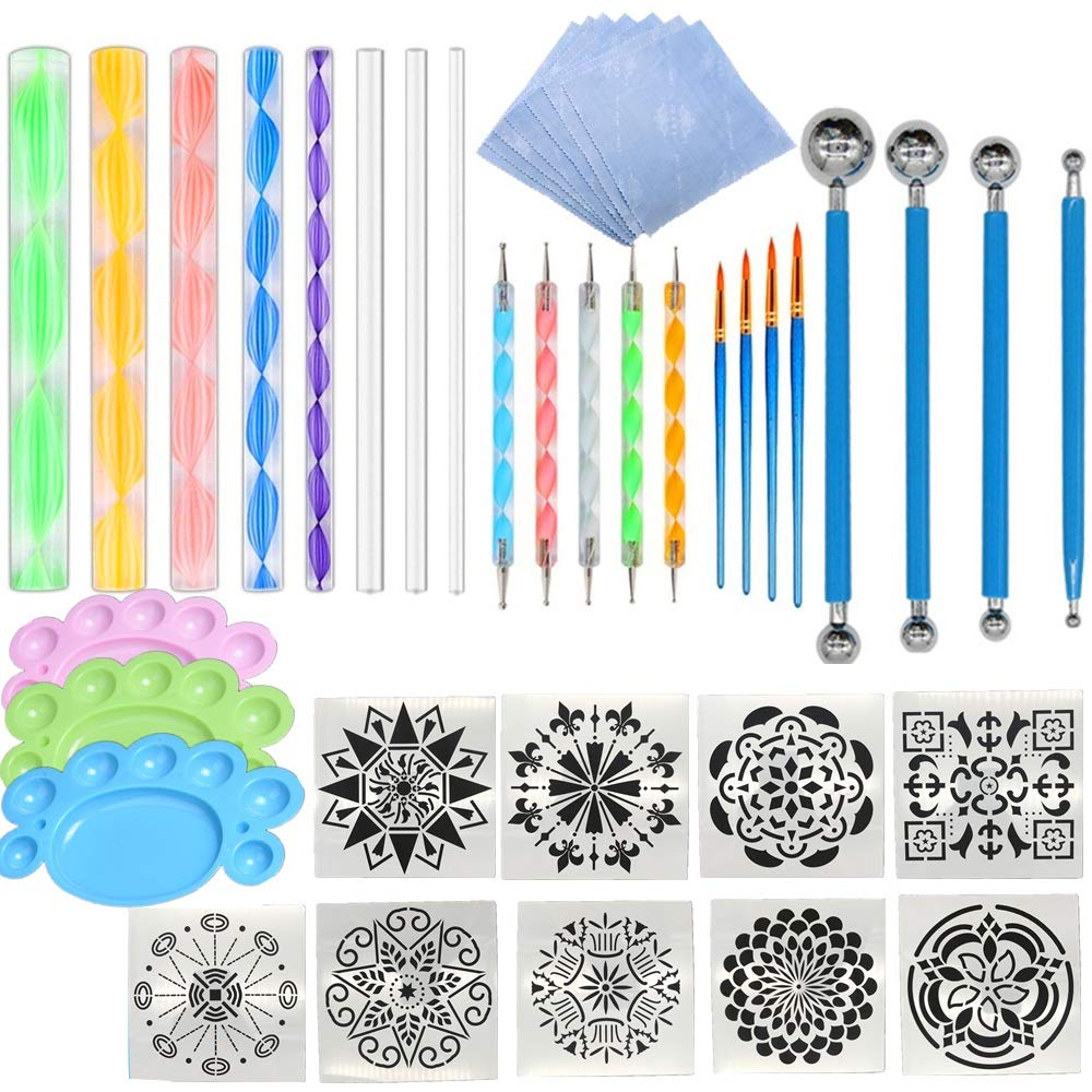 Fycooler Mandala Dotting Tools Set, 41Pcs Stencil Mandala Stencil Painting Tool Kits,with Cloth,Brushes,Paint Tray Dotting Tools for Painting Nail/Rocks/Stones Coloring Drawing DIY Drafting Art Crafts