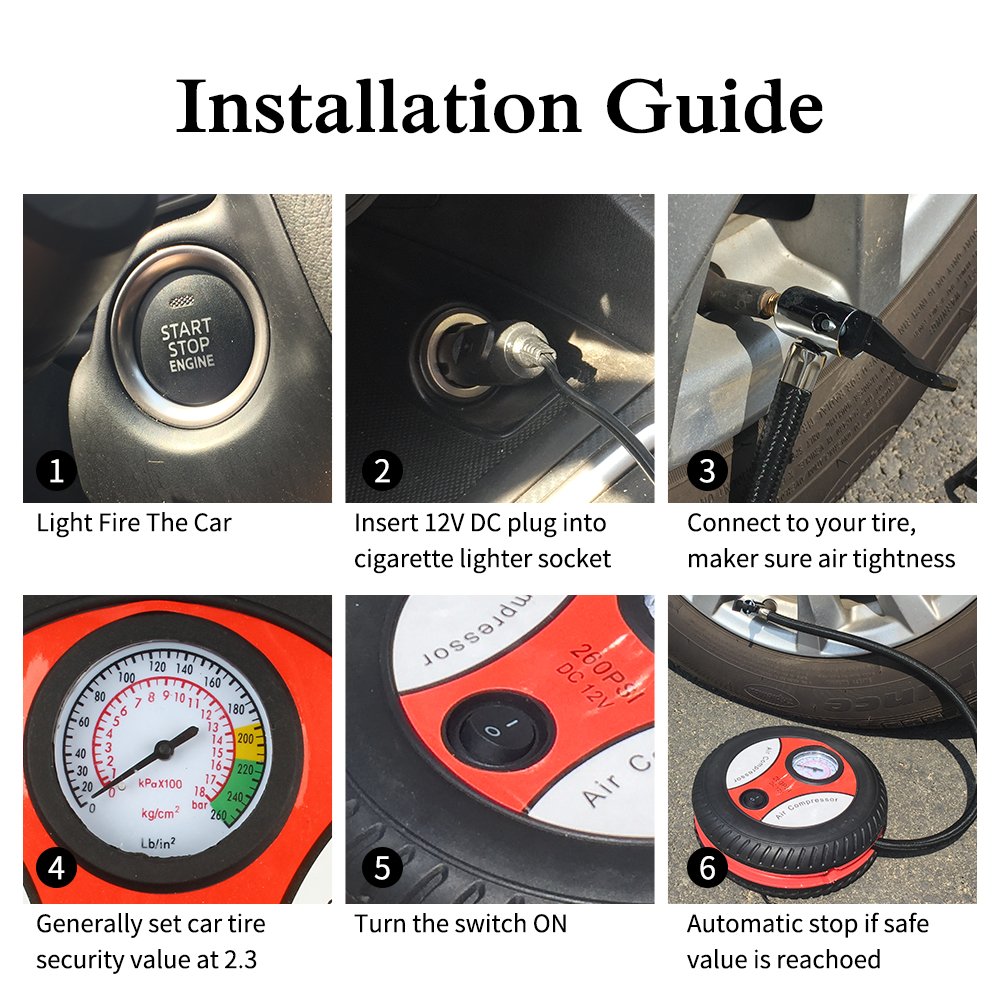 Hippih Air Compressor- 12V DC 260PSI Portable Electric Auto Air Compressor Pump and Car Tire Inflator（Mechanical Watch）