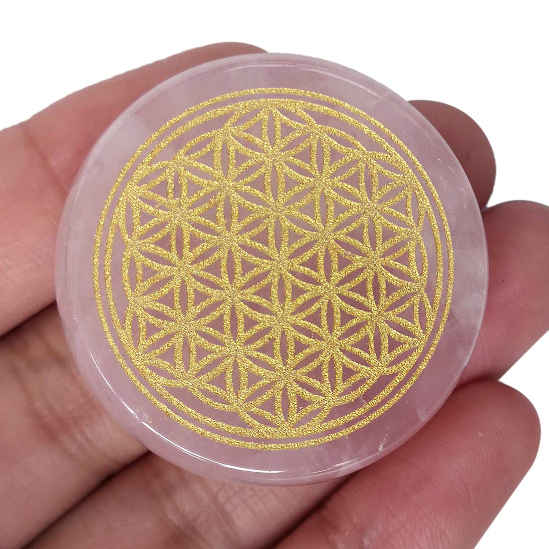 Lovionus89 Natural Rose Quartz Flower of Life Engraved Healing Crystal Chakra Balancing and Positive Energy Generator Palm Pocket Stone