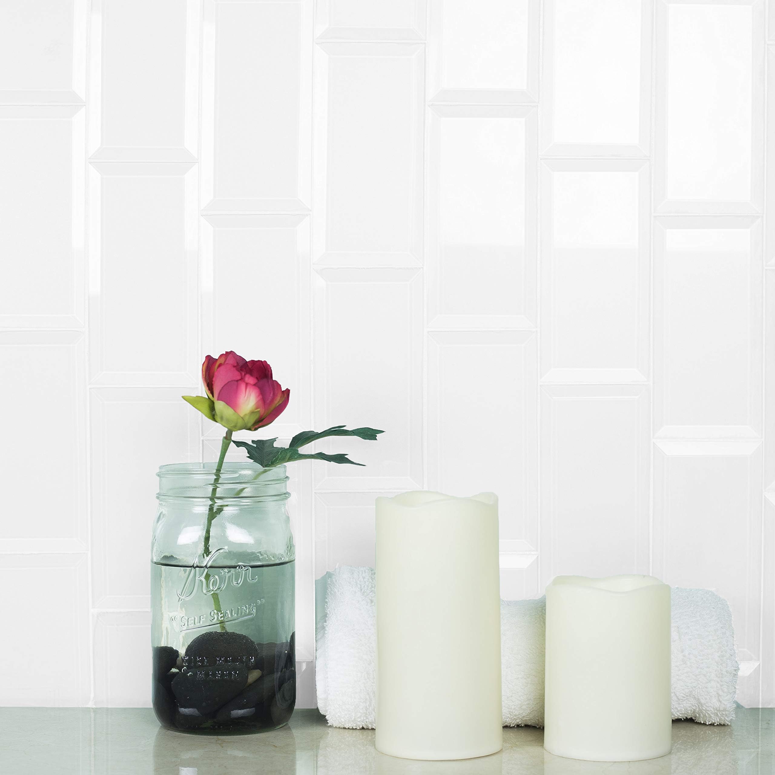 Abolos Frosted Elegance Glossy White 3" x 6" Beveled Glass Subway Backsplash Tile