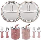 PandaEar Stainless Steel Baby Feeding Set | 2 Divided Suction Plates, 2 Spill-Proof Straw Cups with Silicone Sleeves, 2 Forks & 2 Spoons | Toddler Utensils for Baby Led Weaning, BPA-Free (Pink)