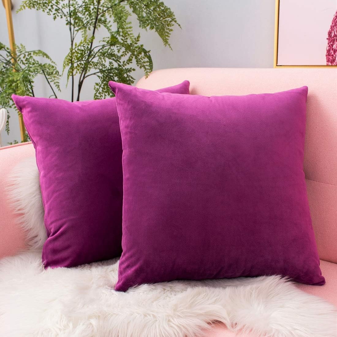 Yamonic Velvet Soft Soild Microfiber Decorative Square Pillow Case Throw Cushion Cover for Sofa Bedroom Car with Invisible Zipper (18"x18",2 Pieces, Aubergine)