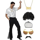7Pcs Mens 70s Disco Costume, Retro Shirt Bell Bottom Pants Wig Sunglasses Necklace Wig Cap for Disco Party