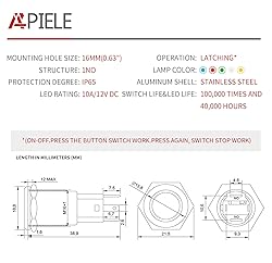 APIELE 10 Amp 16mm Latching Push Button Switch 12V