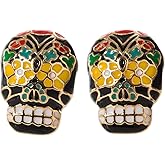 Artisan Owl - Black and Goldtone Sugar Skull Stud Earrings