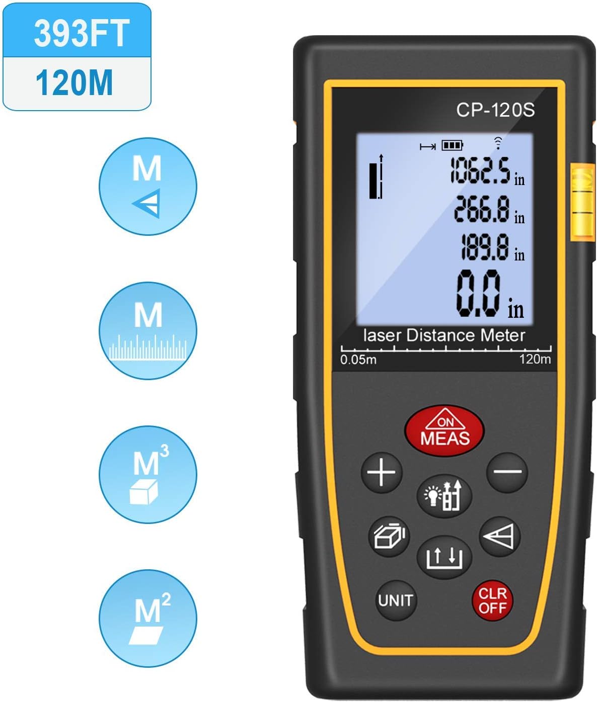 120M Laser Measure, Feeyoo Laser Distance Meter,Portable Handheld Digital Measure Tool with Bubble Level and Backlight for Distance, Volume, Pythagorean Mode, ±1mm Accuracy, 20 Measurements