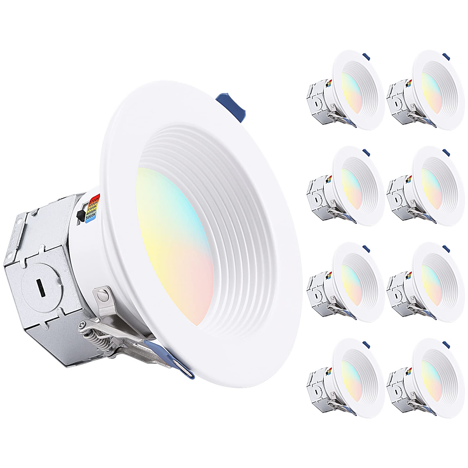 Photo 1 of TORCHSTAR 8-Pack 5CCT 4 Inch LED Integrated Canless LED Recessed Lighting with J-Box, Anti-Glare Deep Baffle, CRI90 Dimmable Ceiling Downlight, ETL Air Tight IC Rated, 2700K3000K3500K4000K5000K