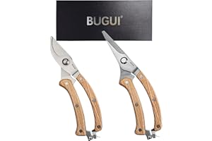 BUGUI Wood Handle Garden Shears, 2 Pack, 8” Bypass Pruning Shears + 8” Straight Tip Garden Scissors, Premium Garden Tools with Precision-Ground SK-5 Steel Blade, Gift Box