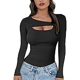 Buauty Womens Ribbed Long Sleeve Shirts Cutout Slim Fit Tee Black