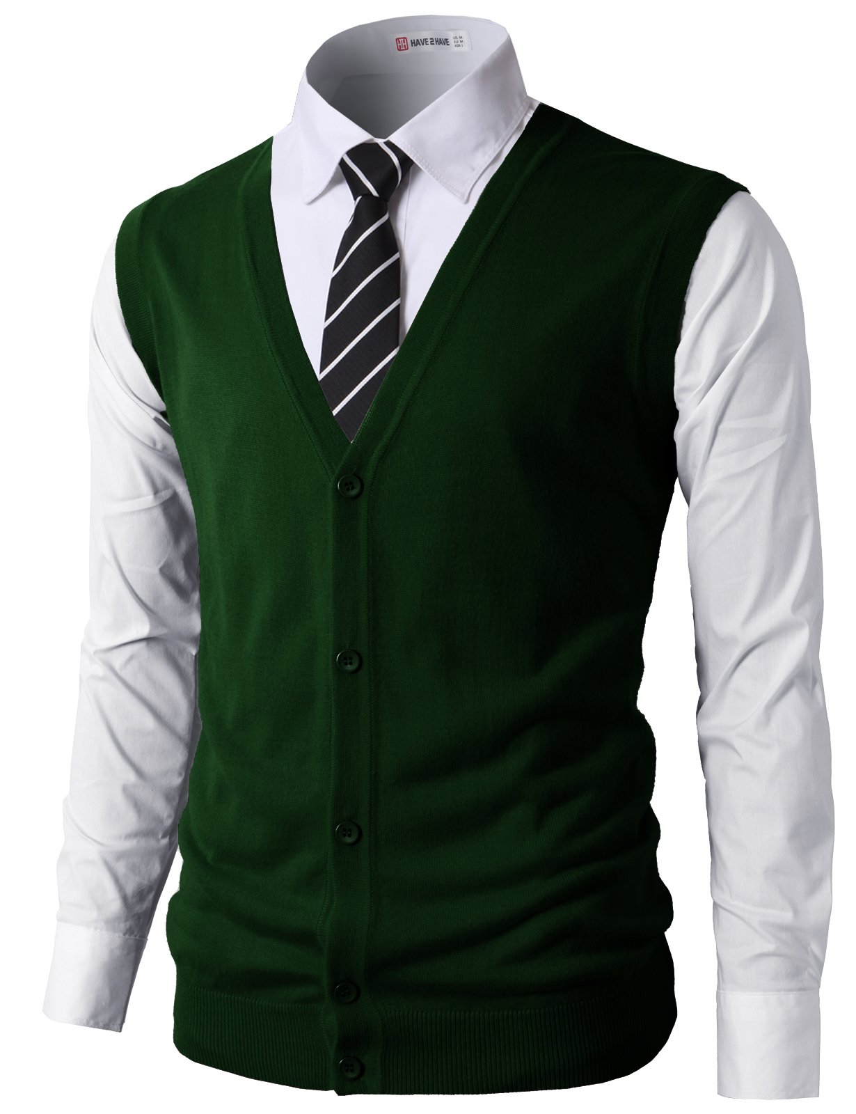 H2H Mens Casual Slim Fit Thin Fabric Knitted V-Neck Button-Down Vests DarkGreen US L/Asia XL (CMOV038) - Image 3