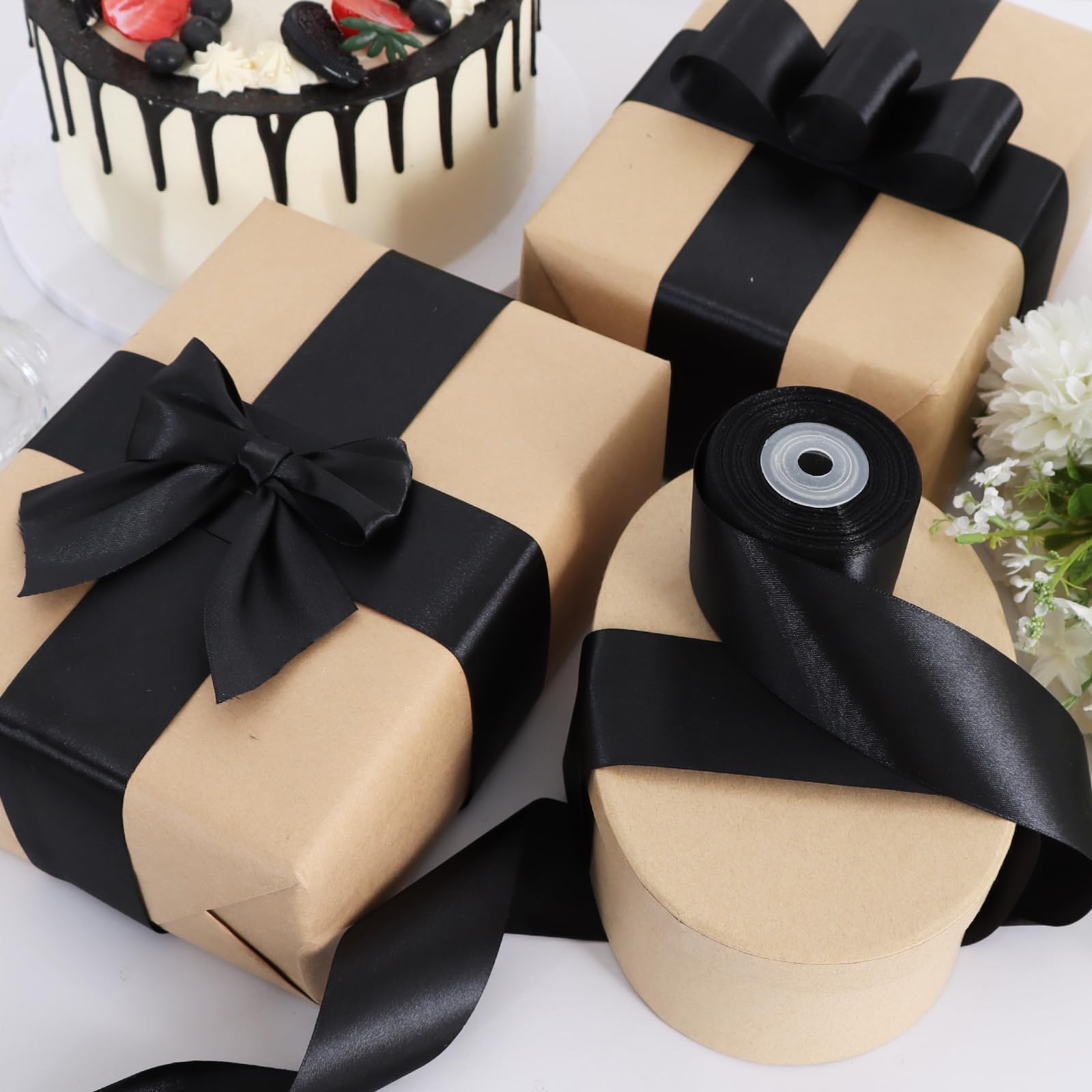TONIFUL 1 Inch x 100yds Black Satin Ribbon, Thin Solid Color Satin Ribbon for Gift Wrapping, Crafts, Hair Bows Making, Wedding Party Decoration, Sewing, Invitation Cards, Floral Bouquets, Christmas