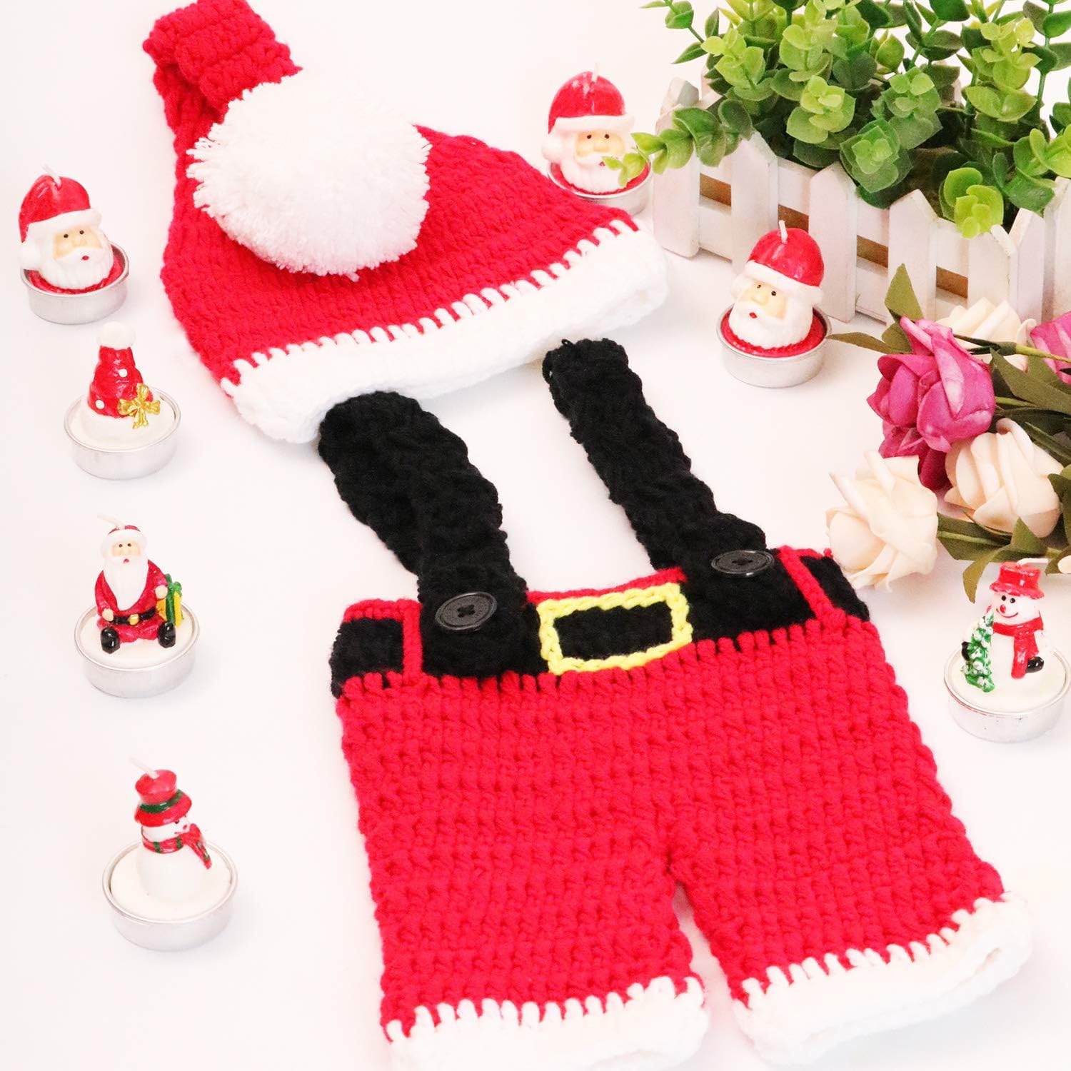 AIXIANG Newborn Baby Photography Props Santa Claus Outfits Handmade Crochet Knitted Christmas Costume for Baby Christmas Cap Hat and Suspender Trousers - Image 5