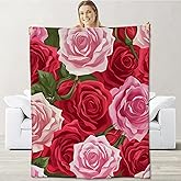 Cromcu Rose Blanket for Adults, Girls, Women - Flannel Throw for Sofa, Couch, Bed - Soft Warm Pink Red Floral Decor 60" x 50"