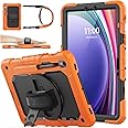 SEYMAC stock Case for Samsung Galaxy Tab S9/ S9 FE 5G Tablet Case with Screen Protector Pencil Holder [360 Rotating Hand Strap] &Stand, Drop-Proof Case for Galaxy Tab S9 FE 10.9''/ S9 11'', Orange