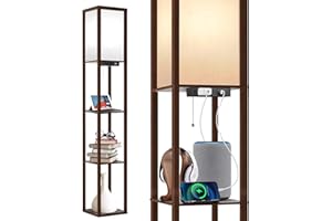 OUTON Floor Lamp with Shelves, LED Shelf Floor Lamp with 1 USB & 1 Type C Ports, 1 AC Outlet, 3 Color Temperature, Storage Display Wood Column Tall Standing Lamp for Living Room, Bedroom Office,Walnut