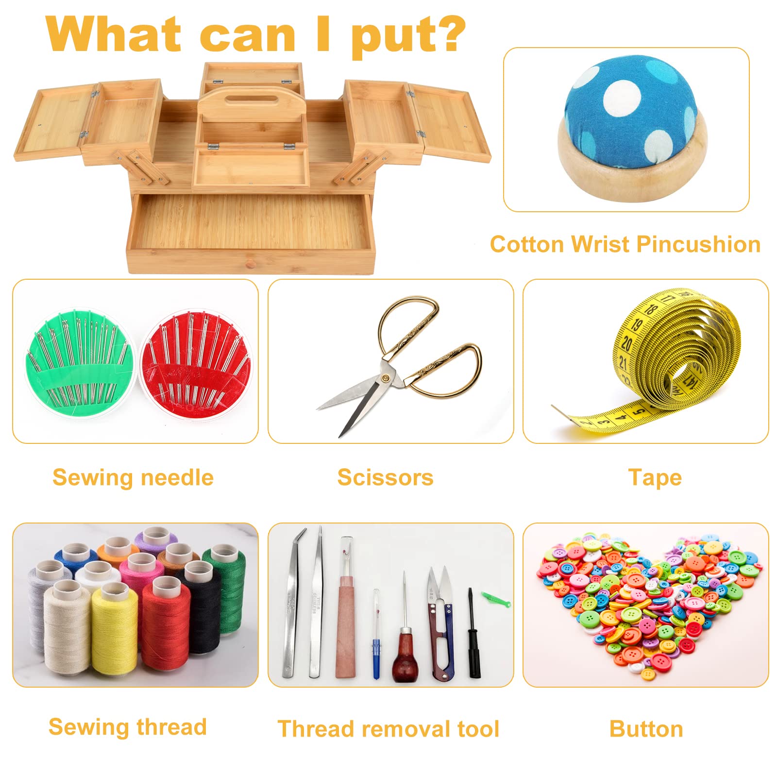 Adolfo Design Wooden Sewing Box Organizer for Sewing Supplies,Sewing Crafting Hobby Storage Box, 3 Tier Drawers for Craft Tools, Needles Assorted