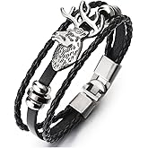 COOLSTEELANDBEYOND Mens Women Three-strand Black Braided Leather Wrap Bracelet with Vintage Deer Charm