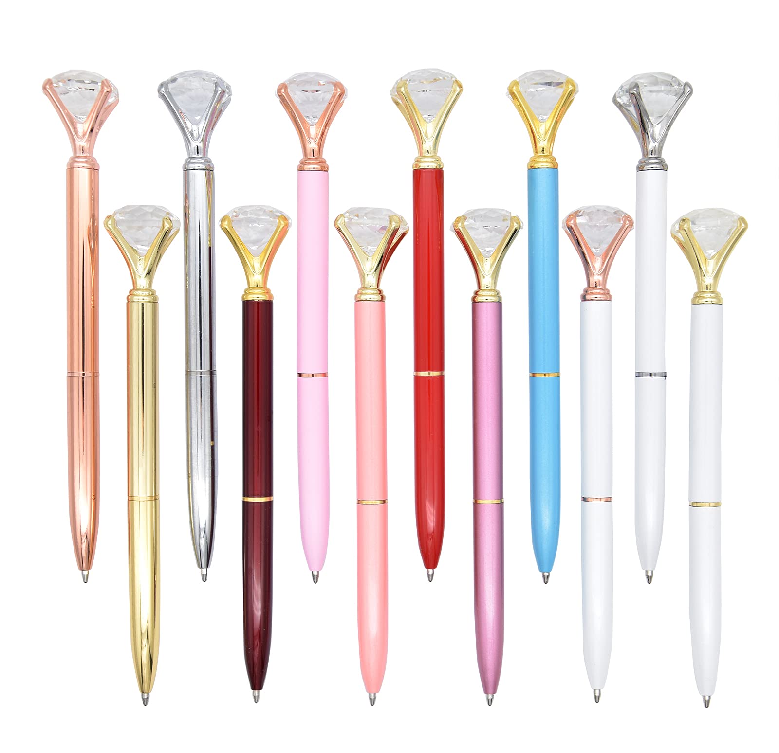 Gullor 12 Pieces Large Crystal Diamond Pens Bling Metal Ballpoint Pens Black Ink for School Office, 12 Colors, Style A