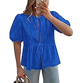 KIRUNDO Peplum Tops for Women 2026 Summer Eyelet Tie Front Blouses Casual Short Lantern Sleeve Cute Y2K Lace Babydoll Shirts