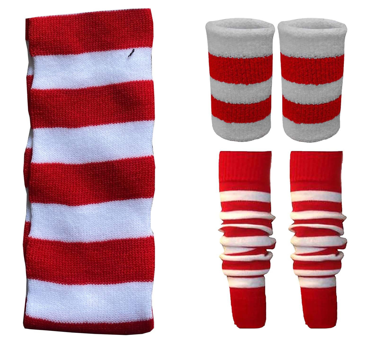Womens Wristbands Headband And Legwarmers Set Ladies 80s Themed Party Sweatbands Fancy Dress Accessory Red White