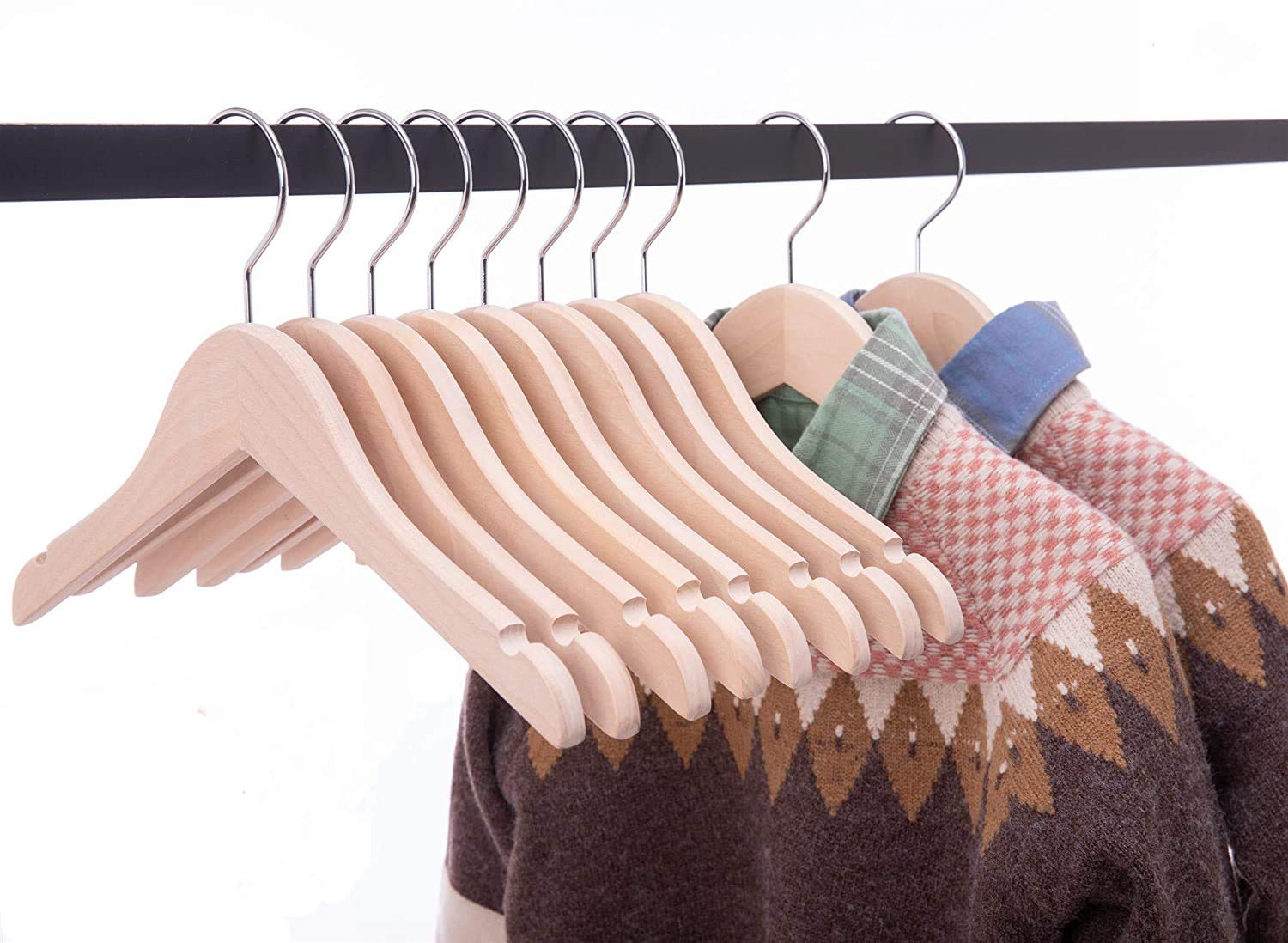 Cocomaya 32CM Wooden Kids Baby Children Toddler Hanger Coats Clothes Dress Shirts Hanger with 360 Swivel Hook, Pack of 10 (32 cm unfinished natural color, 10)