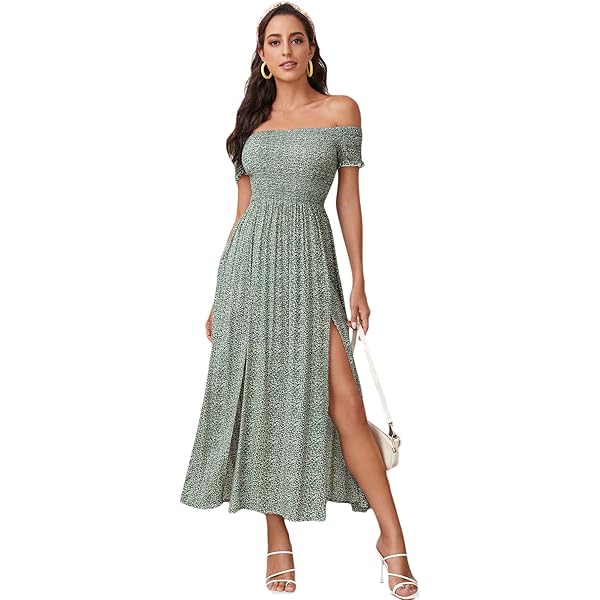 chinese dress ladies Amoretu Maix Off Shoulder Short Sleeve Smocked Casual Concert Fall Dresses  for Women Purple M at Amazon Women's Clothing store