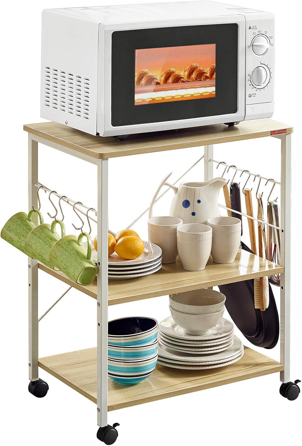 Mr IRONSTONE Kitchen Microwave Cart 3-Tier Kitchen Utility Cart Vintage Rolling Bakers Rack with 10 Hooks for Living Room Decoration - Standing Baker's Racks