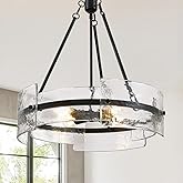 Siljoy 24" Black Chandelier, Glass Chandeliers for Dining Room, Round Farmhouse Chandelier with Textured Glass, Farmhouse Din