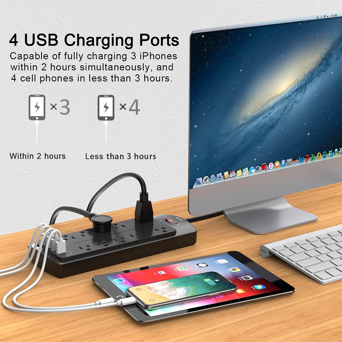 Power Strip with 8 Ft, YINTAR Surge Protector with 10 Outlets and 4 USB Ports, 8 Feet Flat Plug Extension Cord (1875W/15A) for for Home, Office, Dorm Essentials, 2100 Joules, ETL Listed, - Black: Electronics