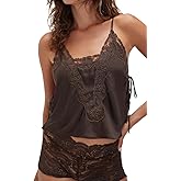 Women Lace Trim Satin Tank Tops Silk Spaghetti Strap V Neck Mesh Lace Camisole Top Y2K Flowy Going Out Layering Top