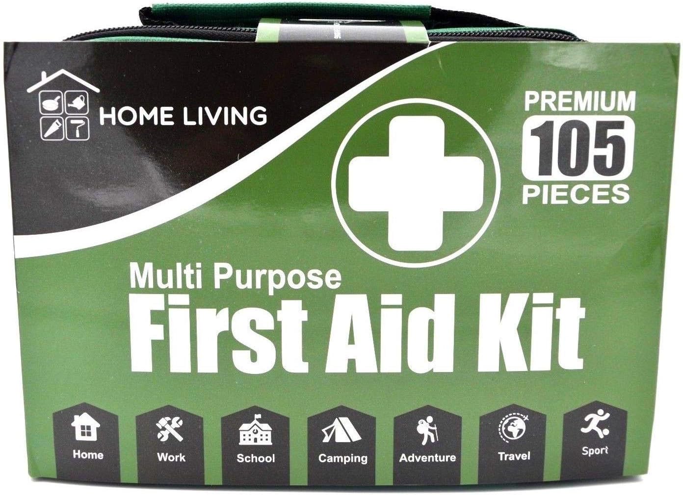 105 Piece First Aid Kit Medical Emergency Bag Pouch - Plasters Bandages 2 x Cold Packs Gloves Trauma Pads CPR Mask Scissors Tweezers - Home Car Work School Camping Travel Sport - Light Compact Durable