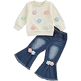 Geogenry Toddler Baby Girl Clothes Fall Spring Baby Girl Outfit Floral Sweatshirt Bell Bottom Flared Jeans Pants 2 Pcs Set