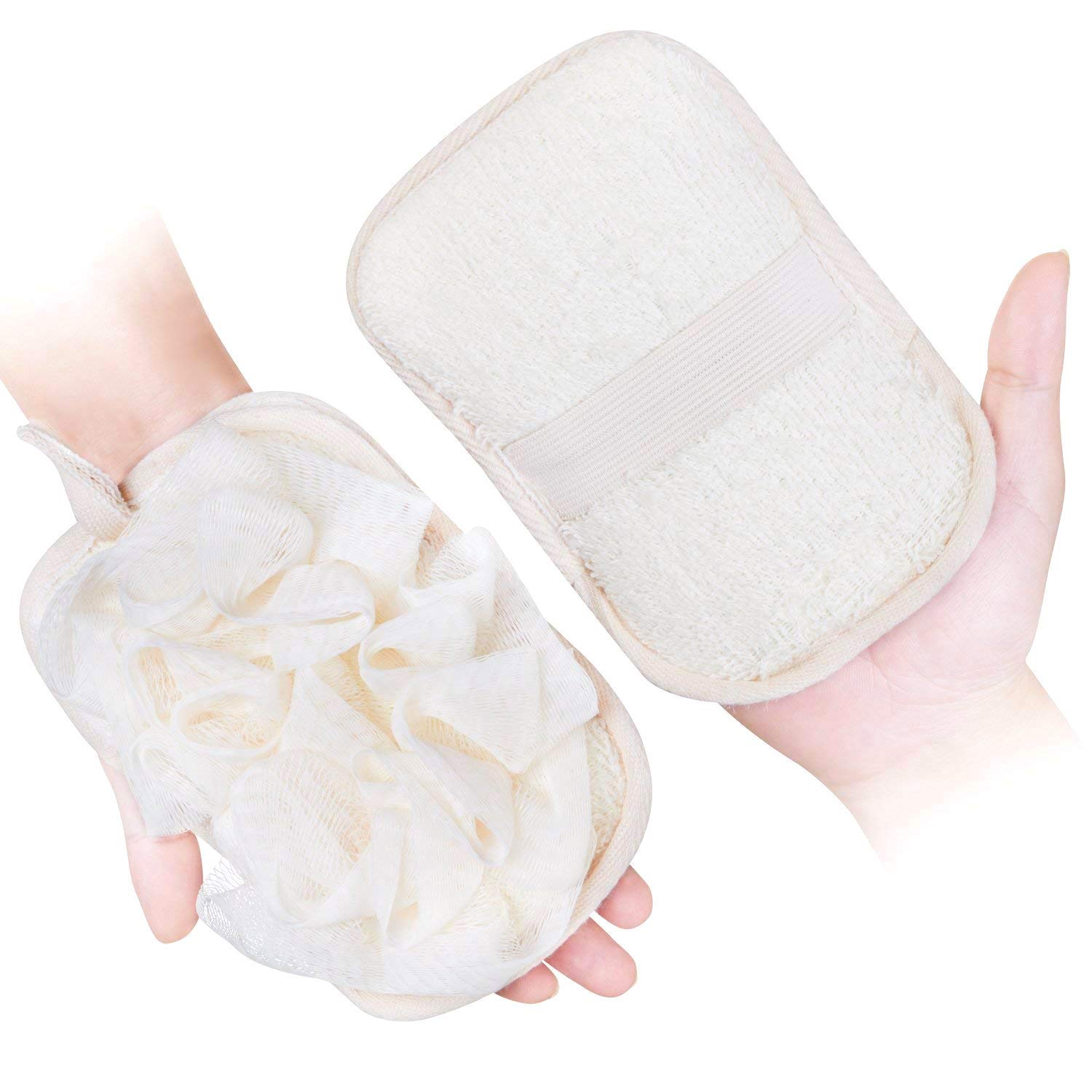 mikimini Bath Mitt for Women, Loofah Sponge & Exfoliating Pad 2 in 1 Professional Design | Exfoliating Gently with the Elastic Hand Strap or Wearing the Mitten (Glove Shape, 2)