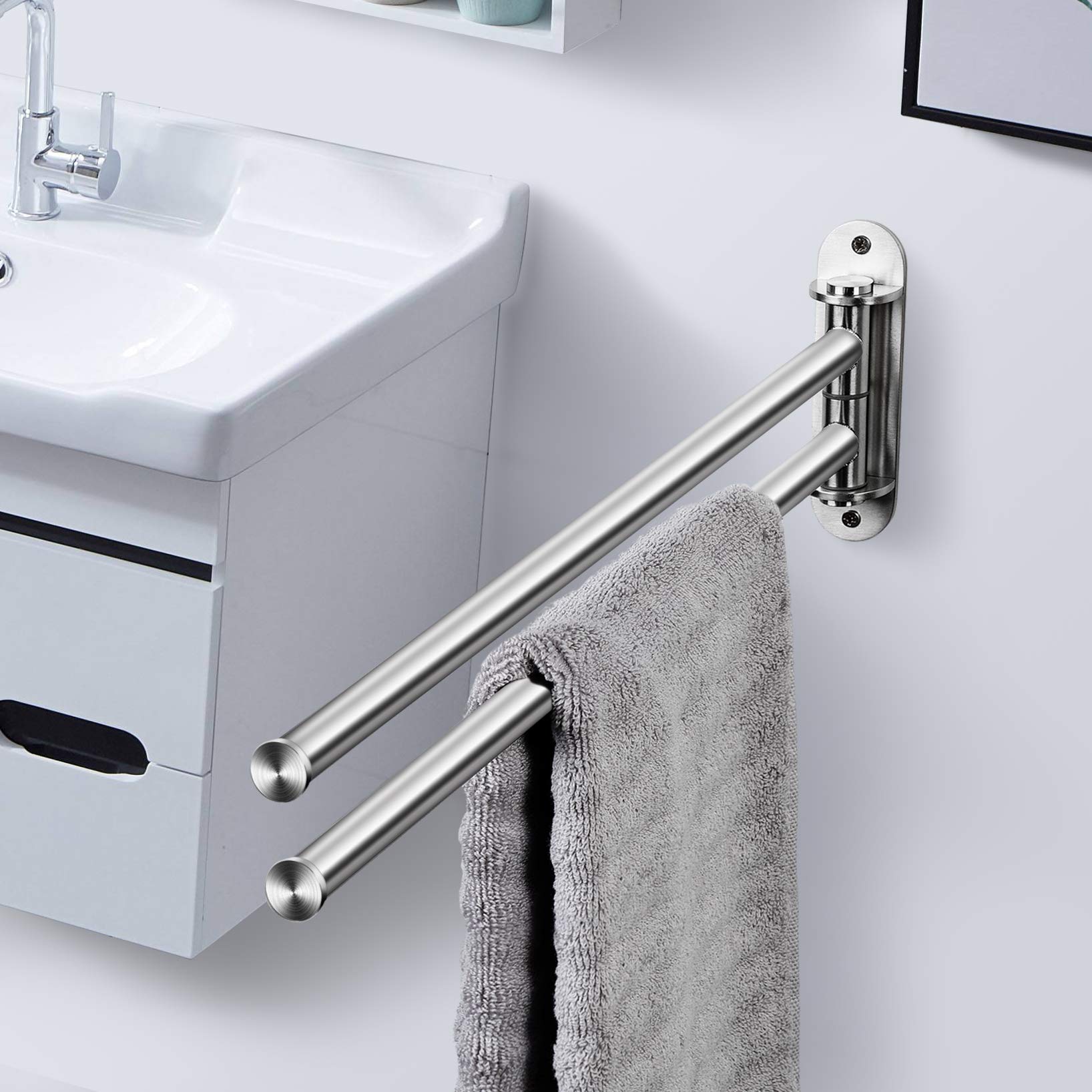 qobobo Wall Mounted Towel Holder Rack Bar with 2 Double Arms 180 Rotating 40CM Brushed Stainless Steel for Bathroom