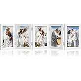 DUENPY 5 Folding 4x6 Picture Frame Horizontal Engineered Wood Accordion Photo Frame with Plexiglass Tabletop Bookshelf Display White