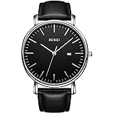 BUREI Men Watches Brown Leather Fashion Minimalist Wrist Watch Simple Ultra Thin Waterproof Quartz Watches All Black Stainless Steel Mesh Band,Gift for Men Women