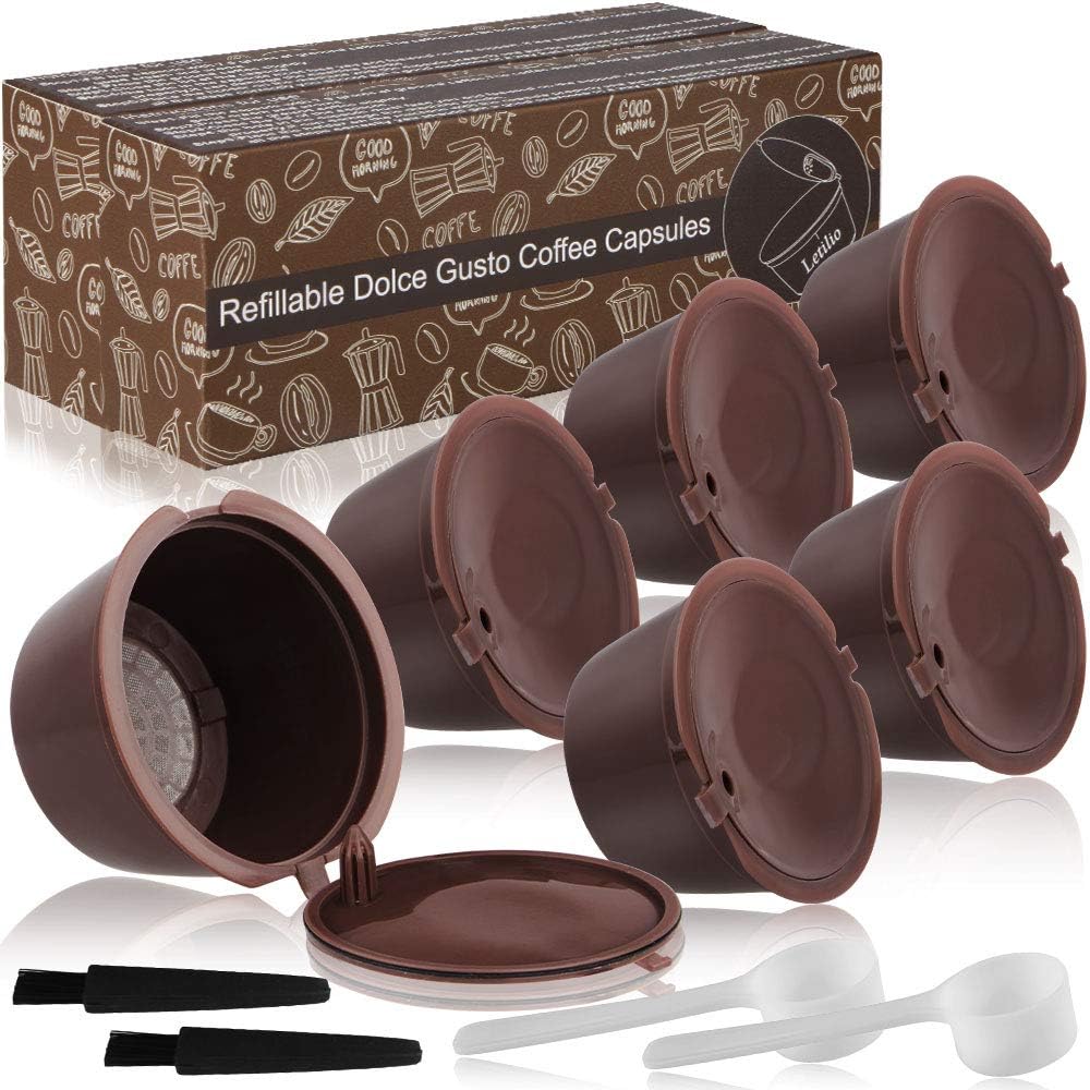 Letilio Coffee Capsule Refillable Reusable 6 pcs，Refillable Capsule Pod Compatible Filter Cups BPA Free Coffee Pods for Dolce Gusto with 2 Plastic Spoon and 2 Cleaning Brush G2