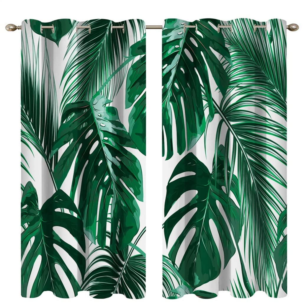 goodbath Blackout Curtains for Bedroom, Tropical Palm Leaves Curtains Eyelet for Living Room Nursery Thermal Insulated Ring Top Curtains 2 Panels, Green White, 117 x 183 cm — image 1