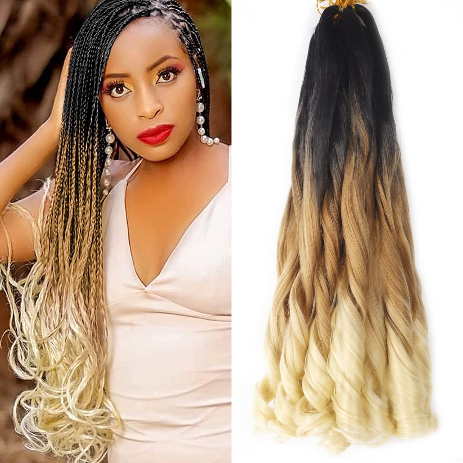 22 inch French Curly Braiding Hair 8 Pack Loose Wavy Spiral Curl Braids Crochet Hair Deep Wave Synthetic Extensions Pre Stretched Bouncy Braiding Hair (deep 22 inch, 1B/27/613) — image 1