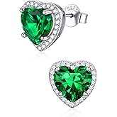 ChicSilver 925 Sterling Silver Birthstone Earrings for Women, 8MM/2 Carat Heart & Round Cubic Zirconia Stud Earrings, Hypoallergenic Jewelry, Ideal Birthday or Christmas Gifts