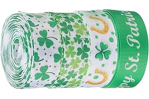 BAZEITFLOW 4 Rolls St Patrick’s Day Ribbon for Crafts – Wired Edge Green Shamrock Ribbon, 5 Yards Each, DIY Bow