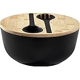 ECOWAY Bamboo Fiber Salad Bowl with Lid & Servers, 4Qt, Melamine Salad Serving Bowls Set with Bamboo Lid, Salad Mixing Bowl with Spoon Fork for Fruits Vegetables and Pasta (Black, 9.8inch)
