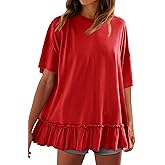 Tankaneo Womens Peplum Oversized Tshirt Summer Flowy Casual Shirt Dress Crew Neck Pleated Babydoll Beach Tunic Tops Red