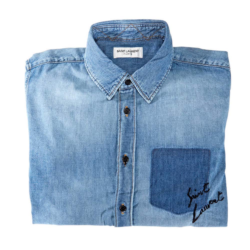 Saint Laurent Men's Oversized Shadow Pocket Embroidered Shirt in Vintage Blue, Brand Size X-Small