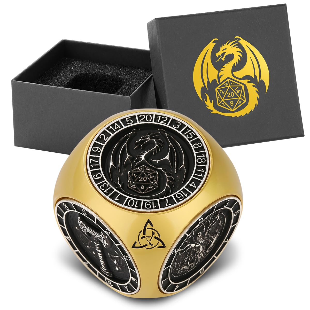 DND Fingertip Spinner Dice, 7-in-1 Metal Dice Set with 3D Pattern, Polyhedral Rotating Game Dice, for DND Gifts with Dragon Logo Gift Box, Role Playing Board Game Accessories, Gold