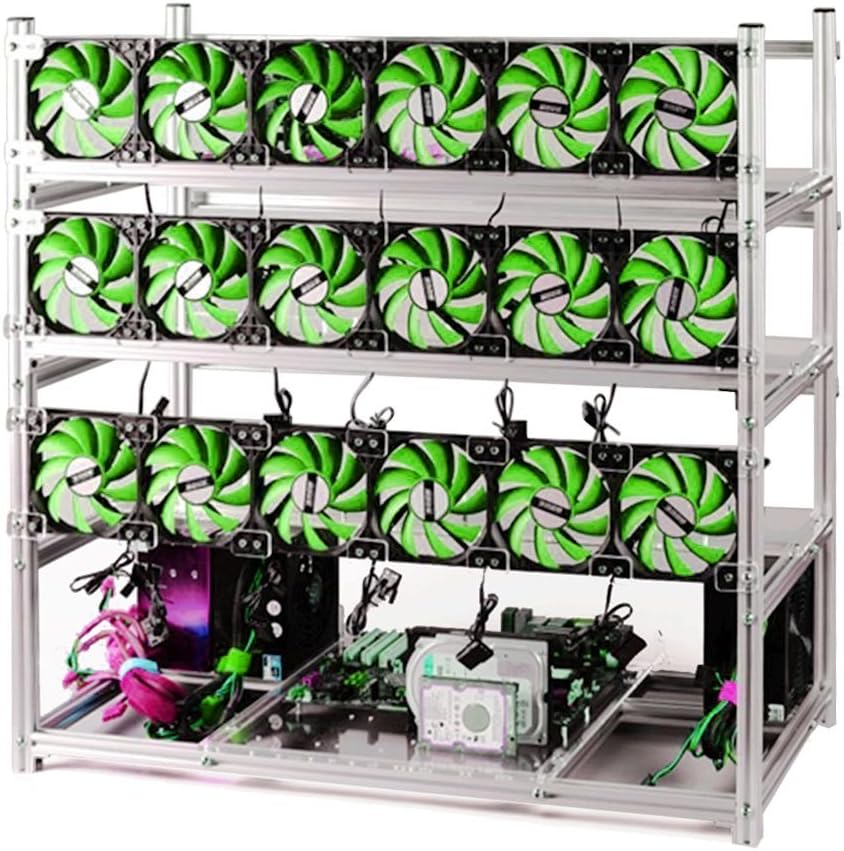 19 GPU Open Air Mining Rig Aluminum Stackable Frame Case Cryptocurrency Miners with 18 Fans for ETH/ETC/ZCash Ethereum,Bitcoin,and Altcoins (19GPU-Silver-Green LED Fans)