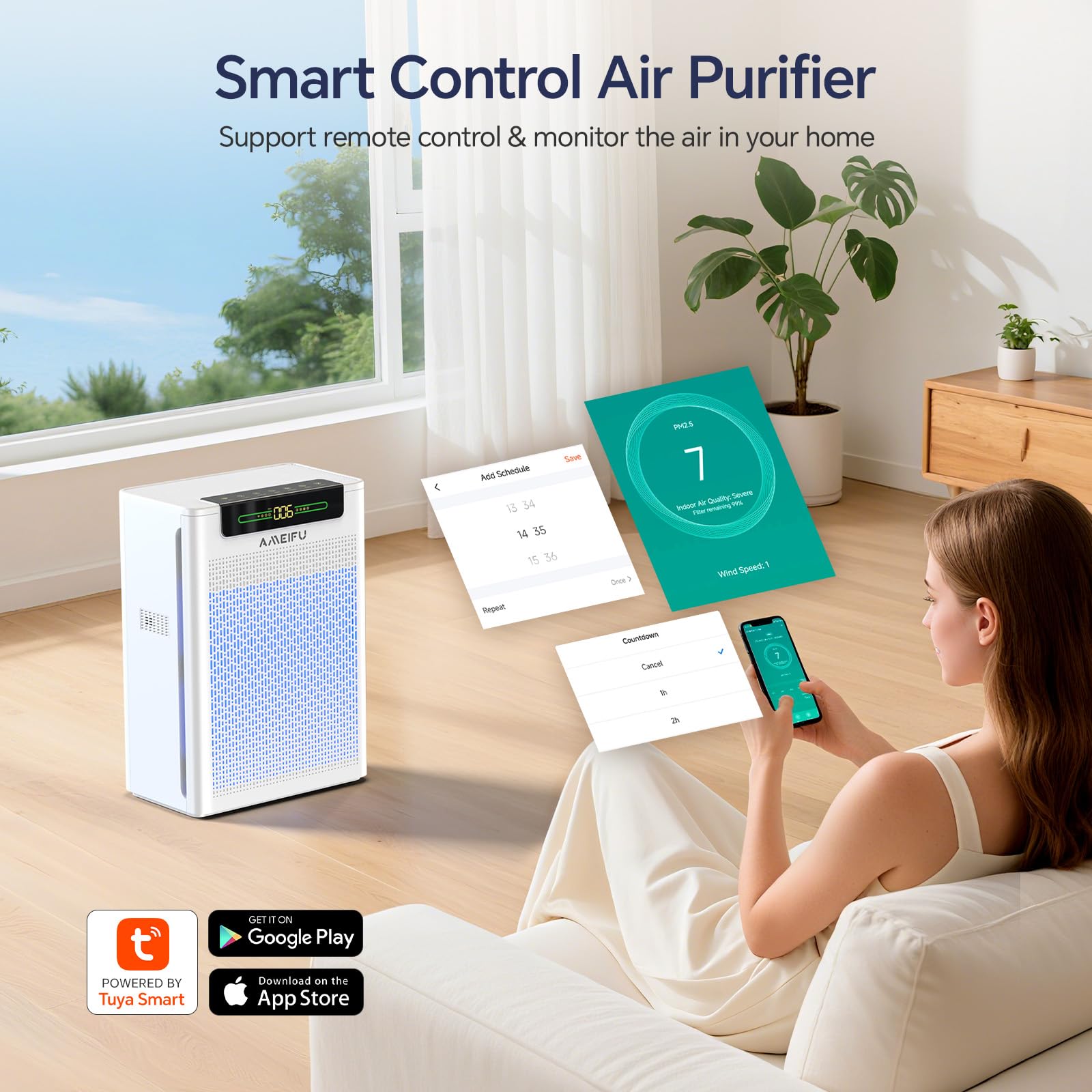 AMEIFU Air Purifiers for Home Large Room, Up to 2600 ft² with Smart WiFi APP Control, Hepa Air Purifier with Washable Filters, PM 2.5 Display for Bedroom, Pets Hair, Pollen, Dander, Smoke