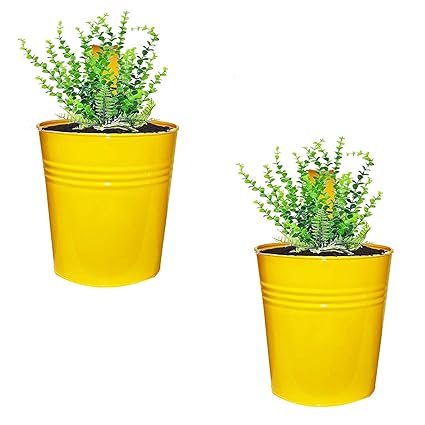 Decorscent Metal Round Galvanized Railing Planter (Set of 2 Pcs) - Yellow